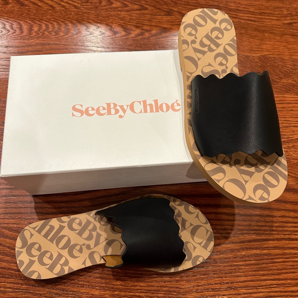 See By Chloe Women's Black Logo-Print Slide Sandals